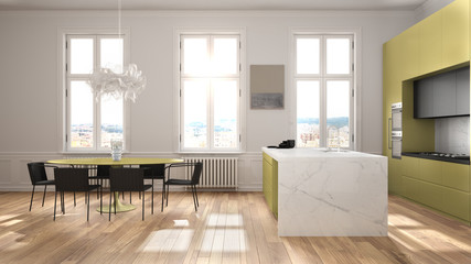Minimalist yellow and black kitchen in classic room with moldings, parquet floor, dining table with chairs, marble island and panoramic windows. Modern architecture interior design