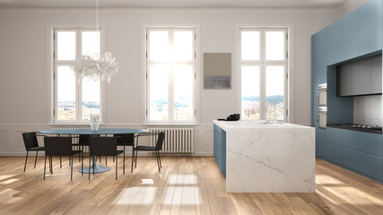 Minimalist blue and black kitchen in classic room with moldings, parquet floor, dining table with chairs, marble island and panoramic windows. Modern architecture interior design