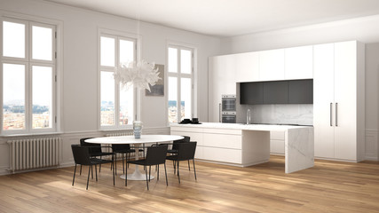 Minimalist white and black kitchen in classic room with moldings, parquet floor, dining table with chairs, marble island and panoramic windows. Modern architecture interior design