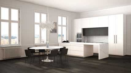 Fototapeta premium Minimalist white and black kitchen in classic room with moldings, parquet floor, dining table with chairs, marble island and panoramic windows. Modern architecture interior design