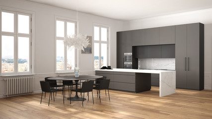 Fototapeta premium Minimalist white and black kitchen in classic room with moldings, parquet floor, dining table with chairs, marble island and panoramic windows. Modern architecture interior design