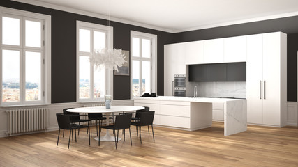 Minimalist white and black kitchen in classic room with moldings, parquet floor, dining table with chairs, marble island and panoramic windows. Modern architecture interior design