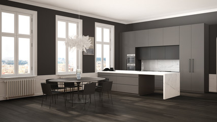 Minimalist gary and black kitchen in classic room with moldings, parquet floor, dining table with chairs, marble island and panoramic windows. Modern architecture interior design