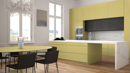 Minimalist yellow and black kitchen in classic room with moldings, parquet floor, dining table with chairs, marble island and panoramic windows. Modern architecture interior design