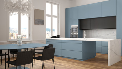 Minimalist blue and black kitchen in classic room with moldings, parquet floor, dining table with chairs, marble island and panoramic windows. Modern architecture interior design