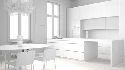 Total white project draft of minimalist kitchen in classic room, parquet floor, dining table, chairs, island and panoramic windows, modern architecture concept idea