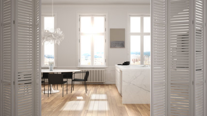 Naklejka na ściany i meble White folding door opening on modern white kitchen with wooden details and parquet floor, dining table, white interior design, architect designer concept, blur background