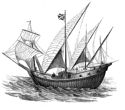 Portugese ship of the 15th century named carrack:three- or four-masted ocean-going sailing ship used for trans-Atlantic trade between Europe, Africa and the Americas