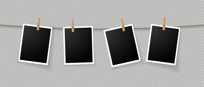 Realistic detailed photo icon design template. Photo frames hanging on the rope with clothespines