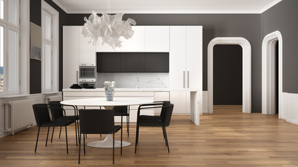 Minimalist white and black kitchen in classic room with moldings, parquet floor, dining table with chairs, marble island and panoramic windows. Modern architecture interior design