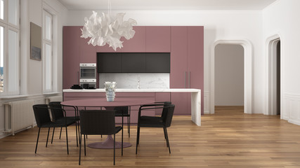 Minimalist red and black kitchen in classic room with moldings, parquet floor, dining table with chairs, marble island and panoramic windows. Modern architecture interior design