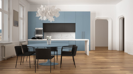 Minimalist blue and black kitchen in classic room with moldings, parquet floor, dining table with chairs, marble island and panoramic windows. Modern architecture interior design