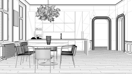 Blueprint project draft, minimalist kitchen in classic room with moldings, parquet floor, dining table with chairs, modern architecture interior design concept idea
