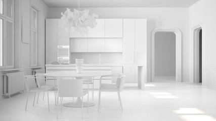 Total white project draft of minimalist kitchen in classic room, parquet floor, dining table, chairs, island and panoramic windows, modern architecture concept idea