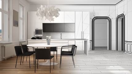 Architect interior designer concept: unfinished project that becomes real, kitchen in classic room, parquet, dining table, chairs, island and windows, modern architecture concept idea