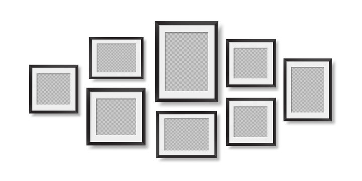 Composition of realistic black photo frames on the wall. Mockups for interior design.