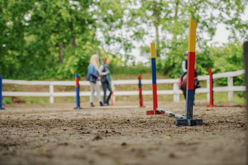 Picture of prepared obstacles for pony riders. Ranch on sunny day concept.