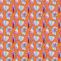 Shells seamless pattern. Summer print on orange background. Seashells pattern design.