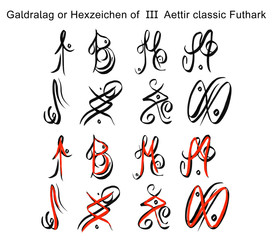 Galdralag styling 3 att, 8 classic runes of the Futhark in two versions, black, red. Red tells the rune, which is hidden in the image. On white background