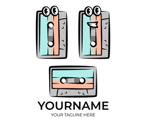 Audio cassette retro and audio cassette cartoon character, logo design. Music, sound, song, for electronic device or cassette recorder, vector design and illustration