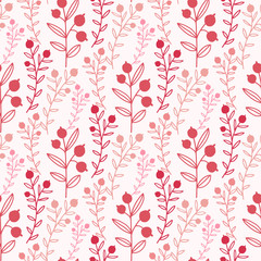 Floral seamless pattern with red branches and berries. Botanical textile design. Nature pattern with floral ornament.