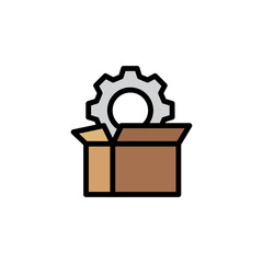 Gear in a box cartoon icon drawing, concept of a product or machinery ready to be delivered to the customer. Simple vector illustration, editable stroke