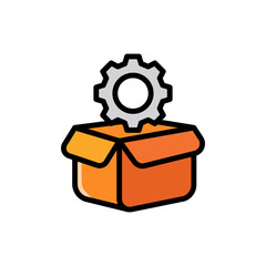 Gear in a box cartoon icon drawing, concept of a product or machinery ready to be delivered to the customer. Simple vector illustration, editable stroke.