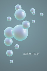 Abstract background with 3d spheres. Flying shining pearls on dark background.