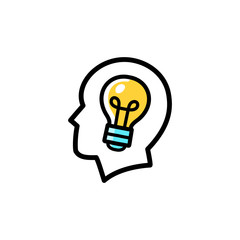 Head with light bulb in it, idea born in the head flat icon symbol, simple creative vector art of an imagination concept. Editable stroke cartoon, isolated
