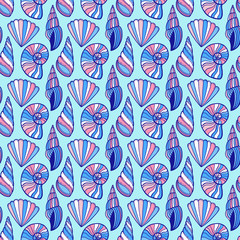 Shells seamless pattern. Tropical marine background in blue colors. Seashells pattern design. Kids textile print and wallpaper