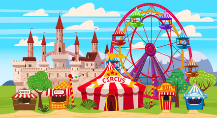 Amusement park, a landscape with a circus, carousels, carnival, attraction and entertainment