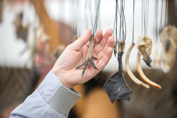 A man chooses a magic amulet from the bird's paw, different amulets hang on the laces on the stand...