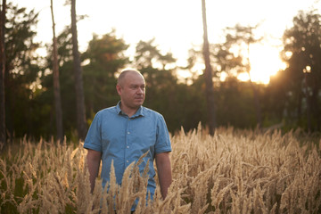 a man in the field in the grass at sunset