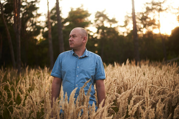 a man in the field in the grass at sunset