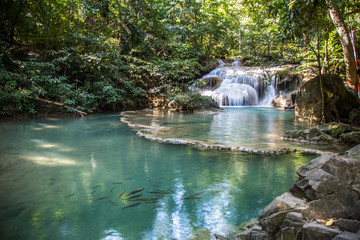 Erawan waterfall views in Kanchanaburi in Thailand