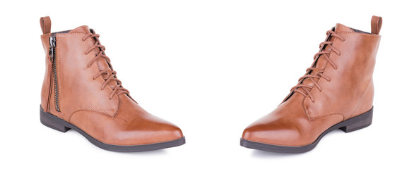 Pair of classical woman leather ankle boots booties shoes. Two isolated.