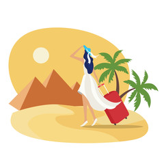 Vector illustration of a traveling young woman in egypt. Alone woman in dress with suitcase with pyramid on background