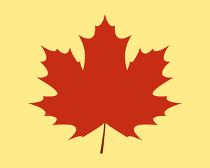 Red maple leaf flat vector icon isolated on yellow background.