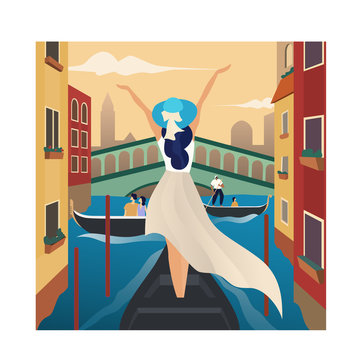 Beautiful girl travel alone concept. Tourism and Vacancies in Venice, Italy. Vector illustration of a traveling young woman