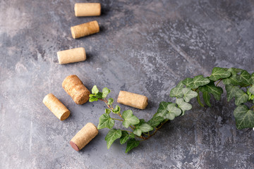 Refined textural background and corks for wine. Copy space. Place for your text.