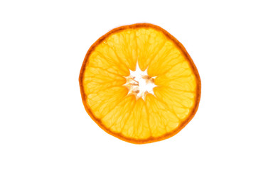 Macro photo of slices of juicy orange with back light isolated on white background. Top view