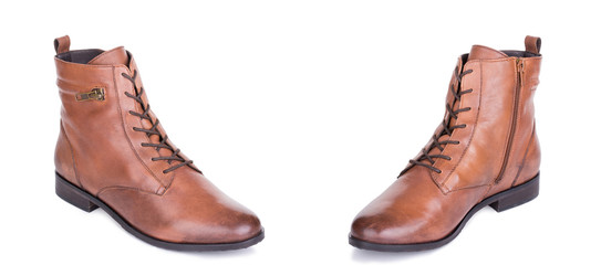 Pair of classical woman leather ankle boots booties shoes. Two isolated.