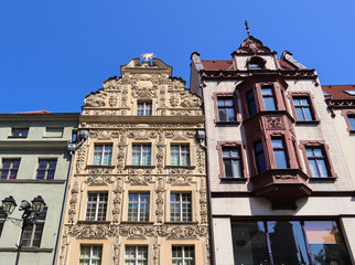 Historical buildings of medieval town Torun, Poland. August 2019