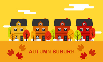 Autumn suburb or countryside landscape vector illustration isolated on yellow background.