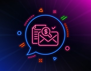 Accounting report line icon. Neon laser lights. Audit sign. Check finance symbol. Glow laser speech bubble. Neon lights chat bubble. Banner badge with accounting report icon. Vector