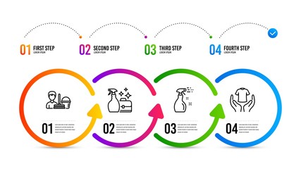 Hold t-shirt sign. Infographics timeline. Cleaning service, Cleanser spray and Cleaning spray line icons set. Bucket with mop, Washing liquid, Washing cleanser. Laundry shirt. Cleaning set. Vector