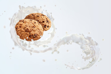 Fresh milk, yogurt 3D splash with healthy cereals oat, chocolate chip cookies. Breakfast chocolate oat cookie with milk, cream, yogurt composition. Liquid milky, bakery splash design element isolated