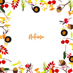 Autumn vector frame with berries, acorns, pine cone, mushrooms, branches and leaves.