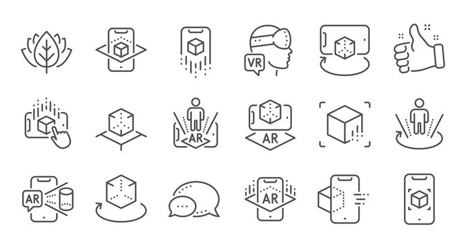Augmented reality line icons. VR simulation, Panorama view, 360 degrees. Virtual reality gaming, augmented, full rotation arrows icons. Linear set. Quality line set. Vector