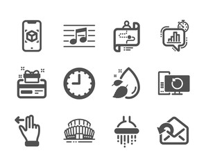 Set of Business icons, such as Augmented reality, Sports stadium, Time, Loyalty card, Touchscreen gesture, Send mail, Shower, Recovery computer, Journey path, Musical note, Water drop. Vector